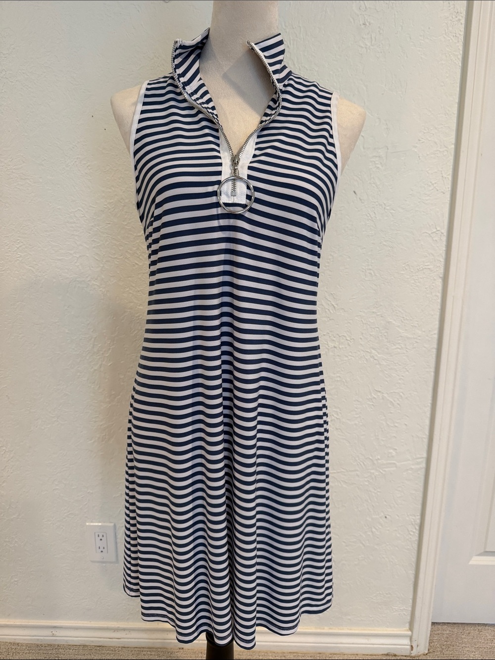 MSK Navy and White Striped Halter dress with Zip size small
